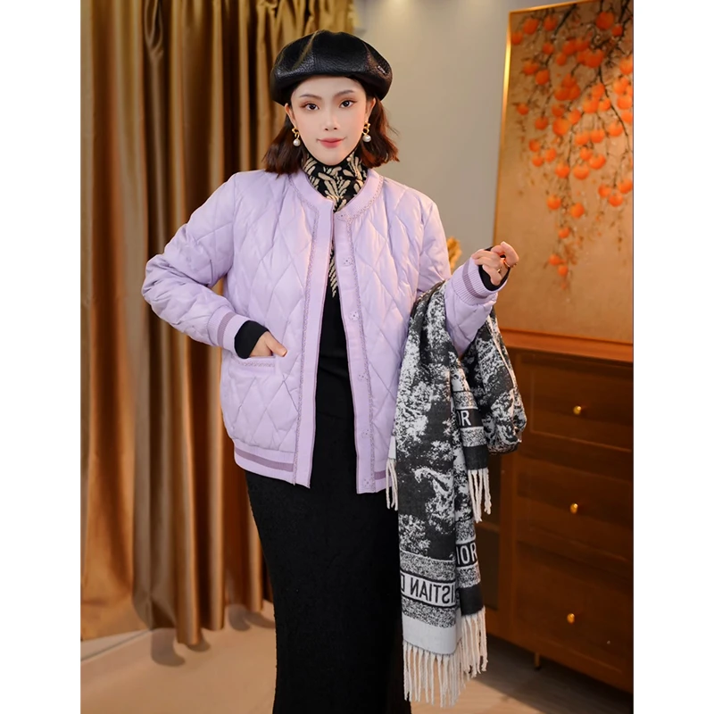 【紫色】2025新款秋冬菱格防风保暖百搭显瘦小香风羽绒服女士