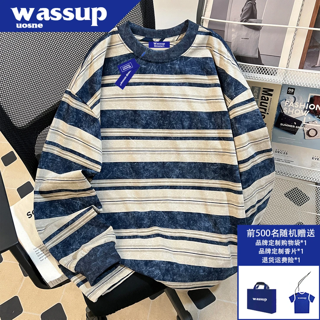 WASSUP UOSNE秋季新款条纹休闲长袖t恤男美式复古慵懒感重磅上衣