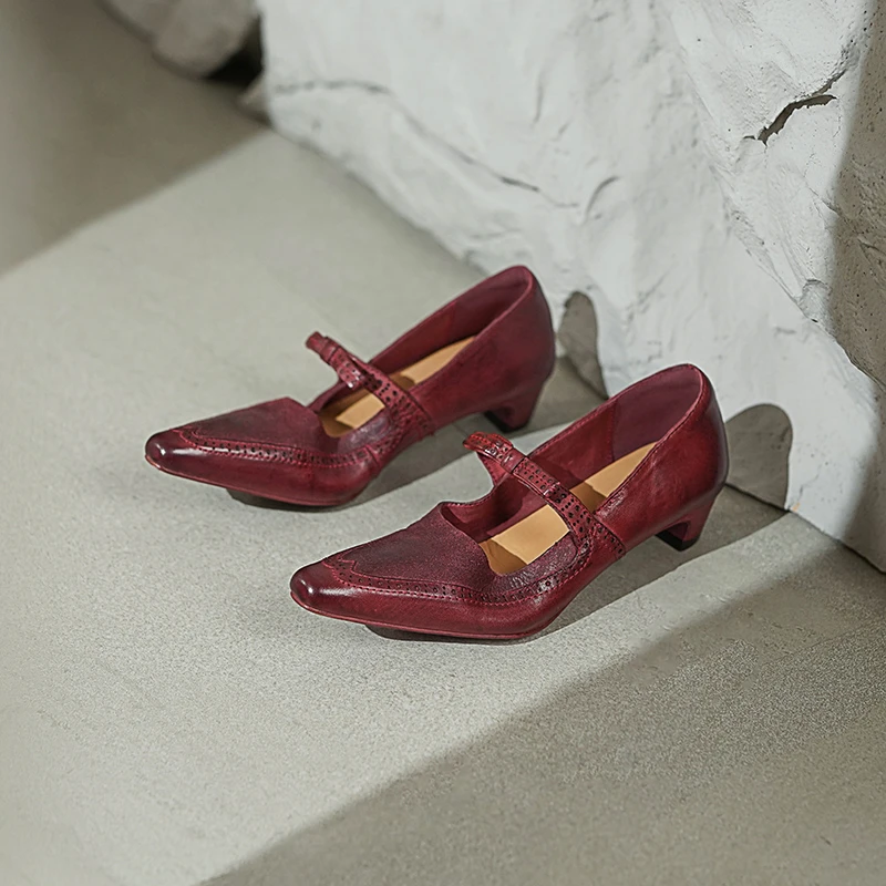 舒适高档百搭原创布洛克水洗马皮中粗跟女单鞋浅口玛丽珍鞋小皮鞋