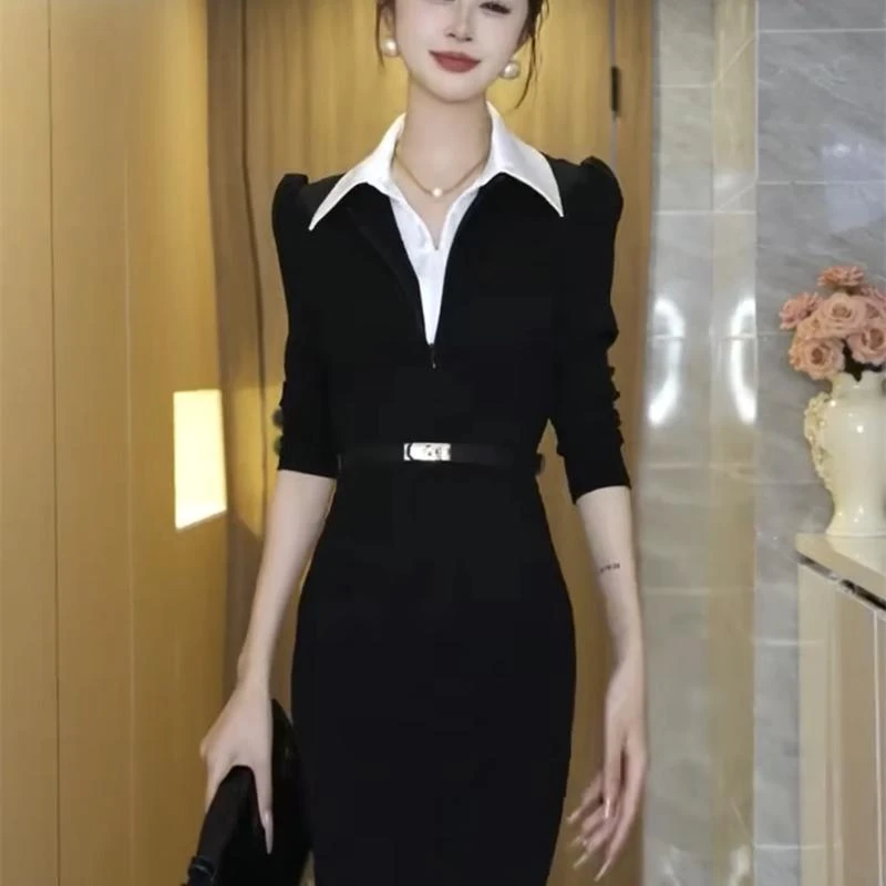 女神范网红爆款连衣裙2025秋冬新款气质假两件翻领长袖收腰包臀裙