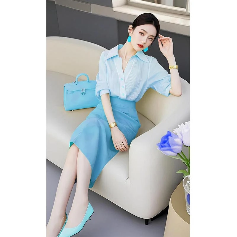 时尚气质通勤蓝色衬衫半身裙套装女士2025春秋新款小个子百搭套装