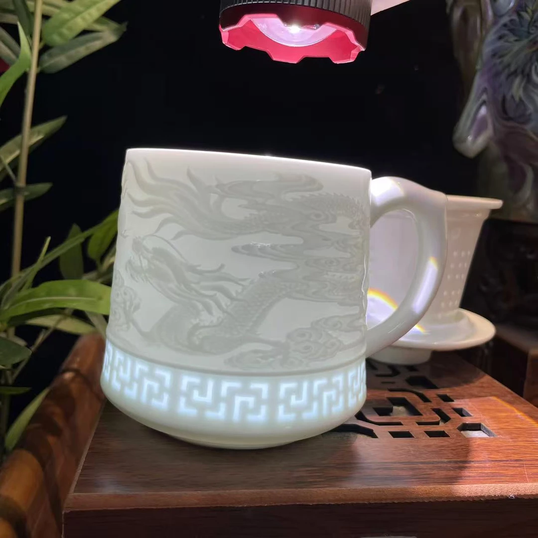 景德镇陶瓷茶杯高端影青龙凤呈祥玲珑办公杯茶水分离泡茶水杯礼品