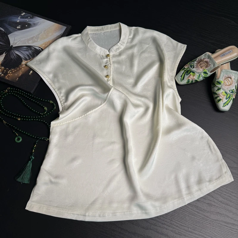 时尚气质网红复古上衣立领薄款提花短袖半袖斜襟扣国风
