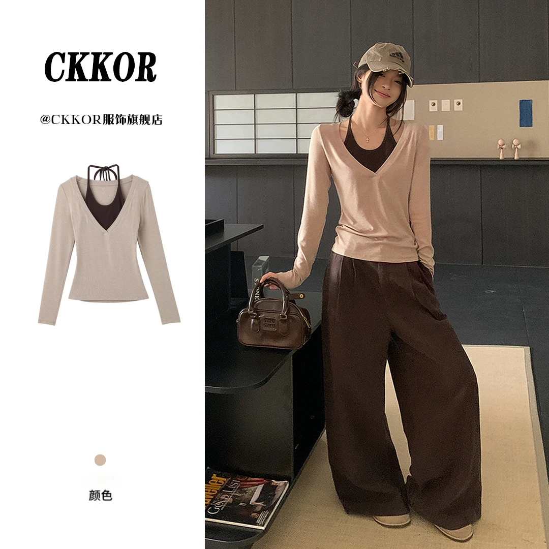 CKKOR早秋收腰显瘦短款吊带v领长袖t恤女假两件爆款美式辣妹上衣