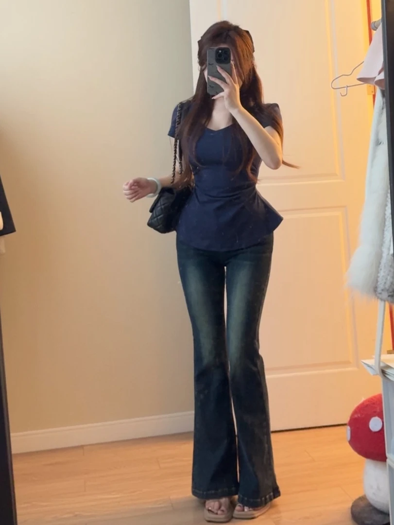 陈江铃小个子自制纯欲风辣妹短袖t恤褶皱收腰修身显瘦别致上衣