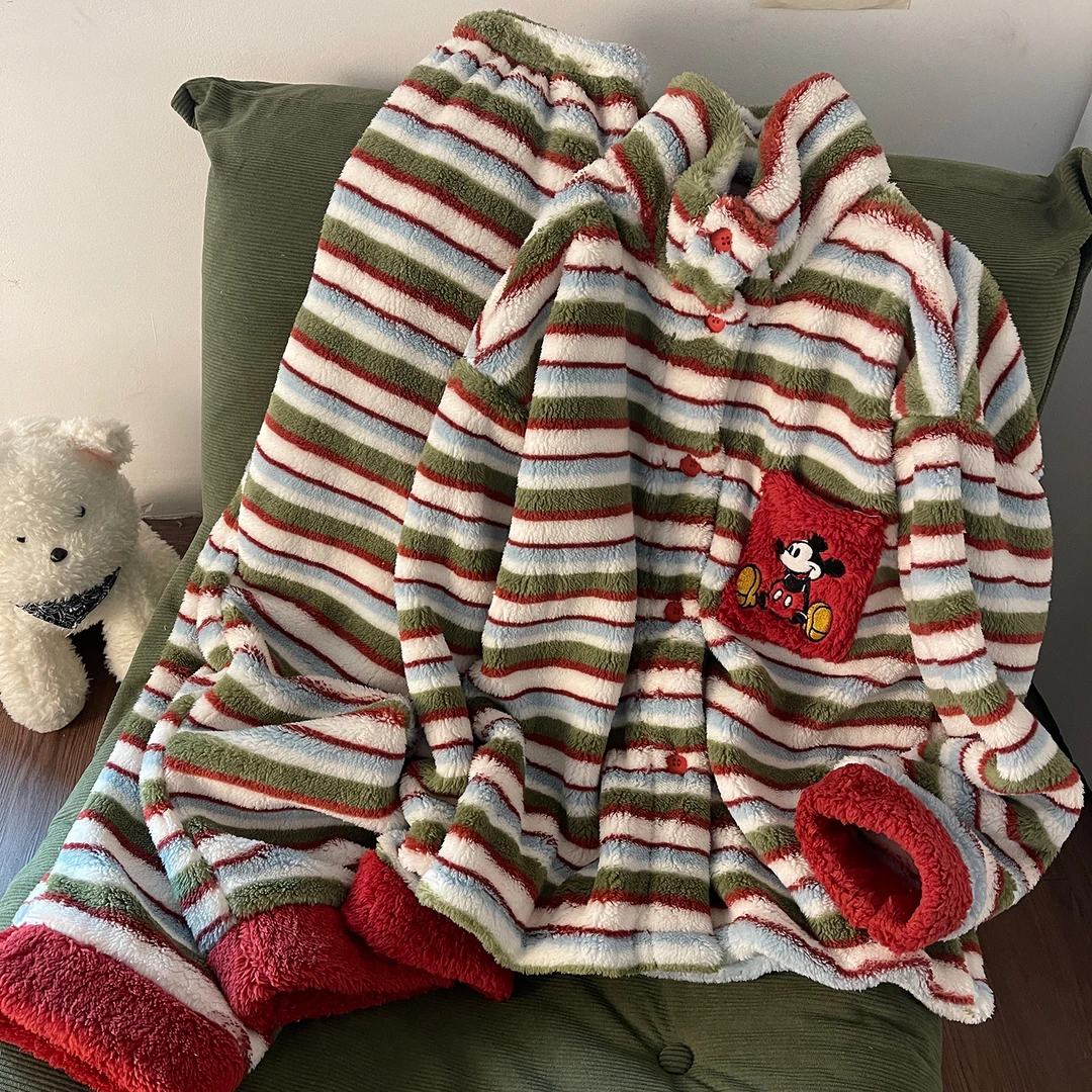 日系条纹可爱老鼠睡衣女生新款冬季加绒加厚高领长毛绒保暖家居服