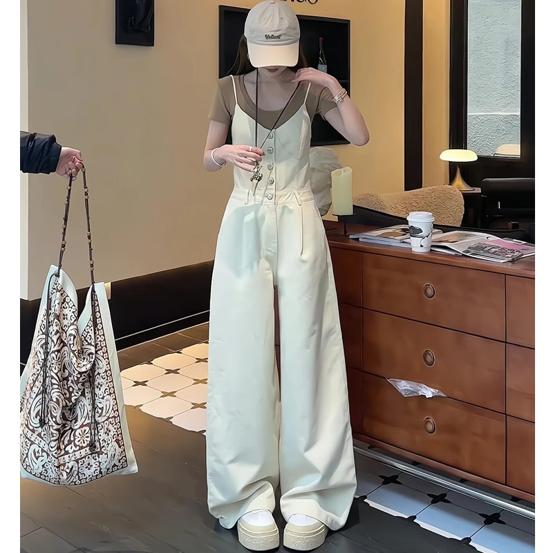 网红休闲时尚套装女杨依姗复古吊带短袖T恤牛仔背带连体裤两件套