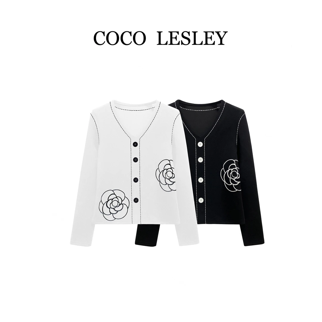 【COCO LESLEY】68218#V领明线山茶花T恤衫2025秋冬百搭潮流上衣
