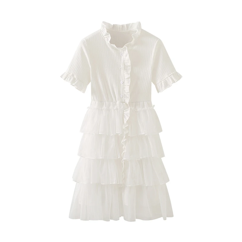 夏季新款甜美减龄网纱木耳边蛋糕裙喇叭袖中长款连衣裙