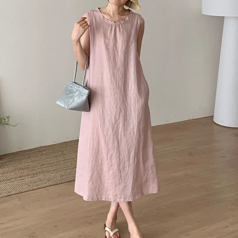 2025夏季新款圆领褶皱背心100%亚麻无袖宽松百搭时尚气质连衣裙女