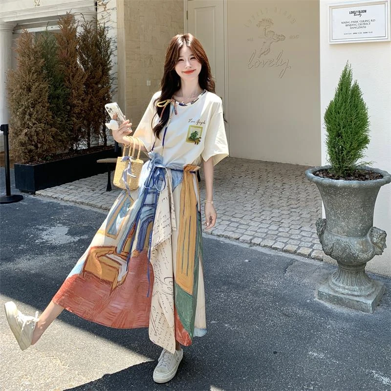 气质T恤民族风印花半身裙套装女夏季法式小资两件套减龄显瘦遮肉