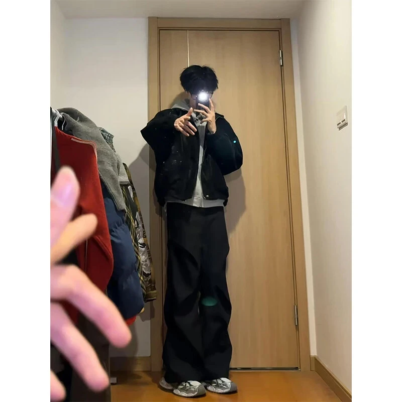 cleanfit黑色褶皱西裤男款秋冬垂坠感高级感痞帅裤子微喇阔腿长裤