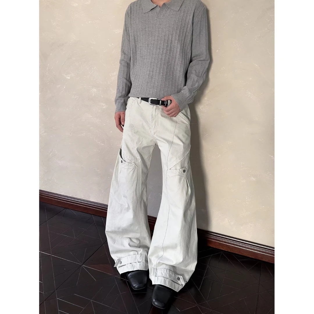 白色解构工装弯刀裤男款春秋美式cleanfit休闲裤子复古宽松阔腿裤