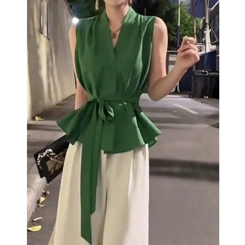 SS1173轻奢高级气质御姐风绿色V领衬衫洋气高端系带收腰显瘦上衣