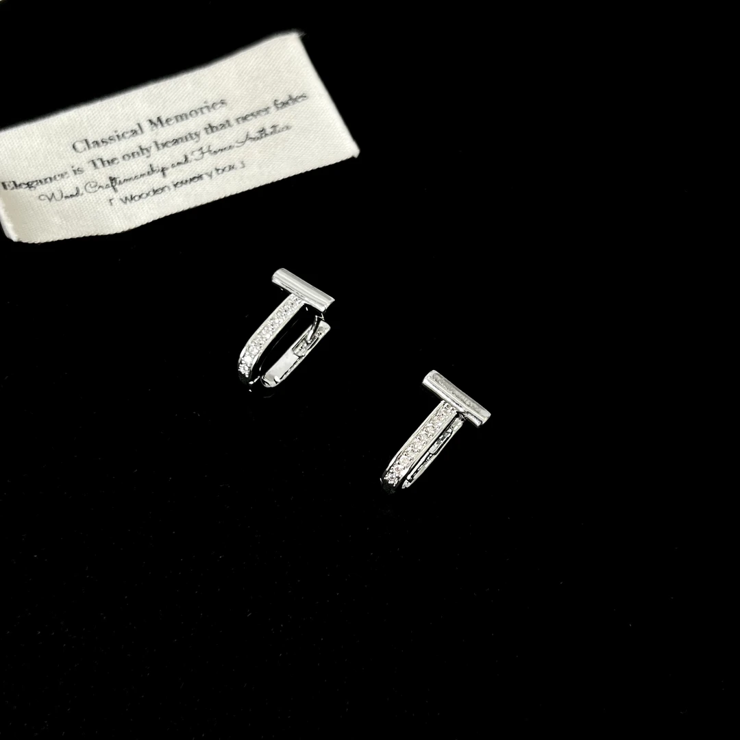 铜合金锆石耳饰 【微光】T字银色耳环1650