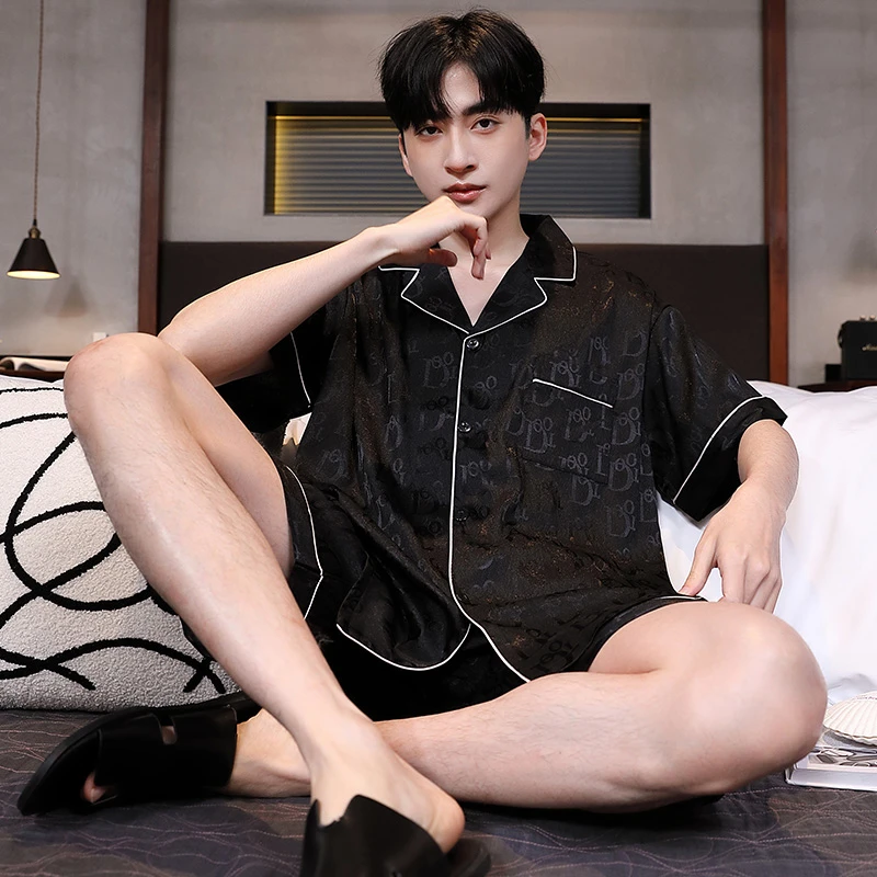 男士冰丝睡衣家居服夏季宽松男家居服套装青年高档宽松休闲男士