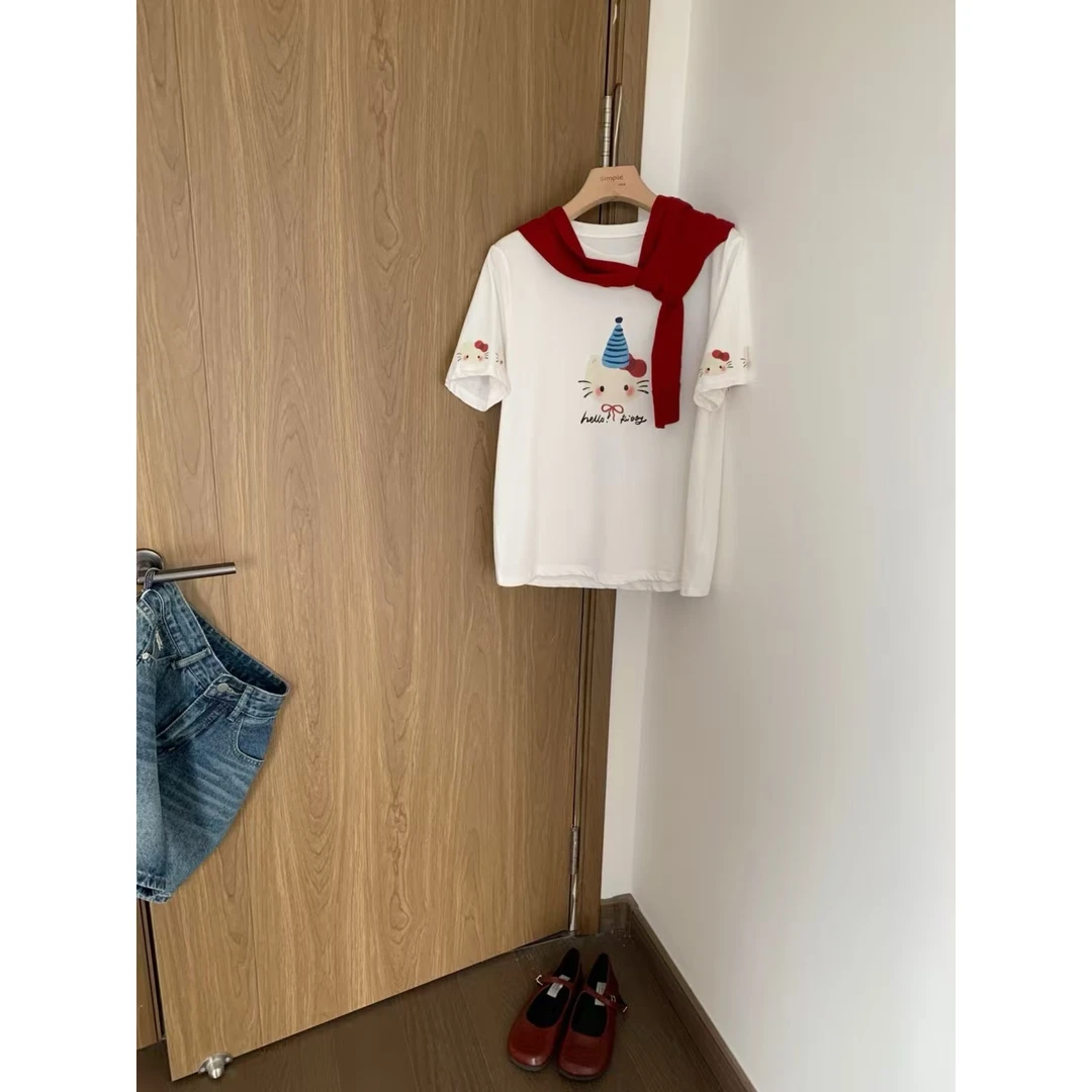 【2229】短袖宽松型中长款圆领印花T恤少女风