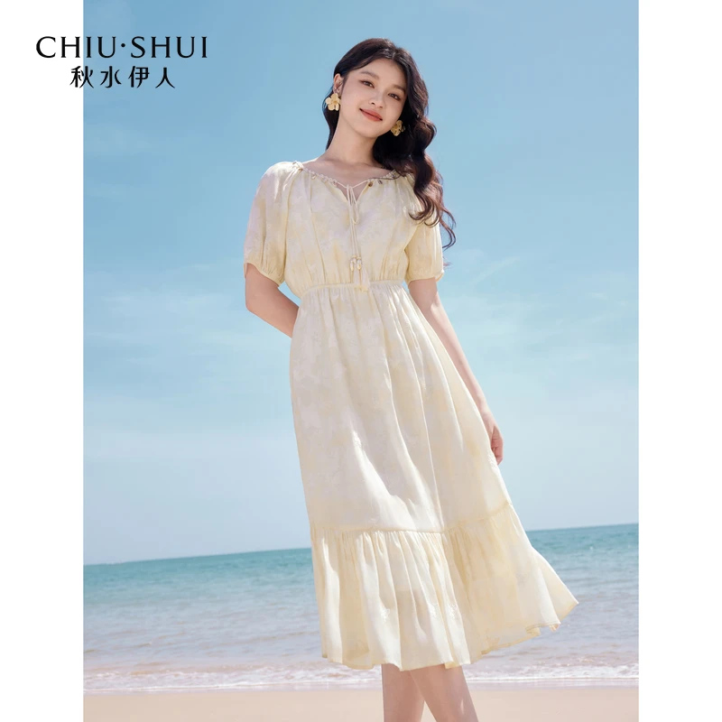 【品牌折扣】秋水伊人通勤裙子2025年夏季新款蕾丝花边连衣裙6252