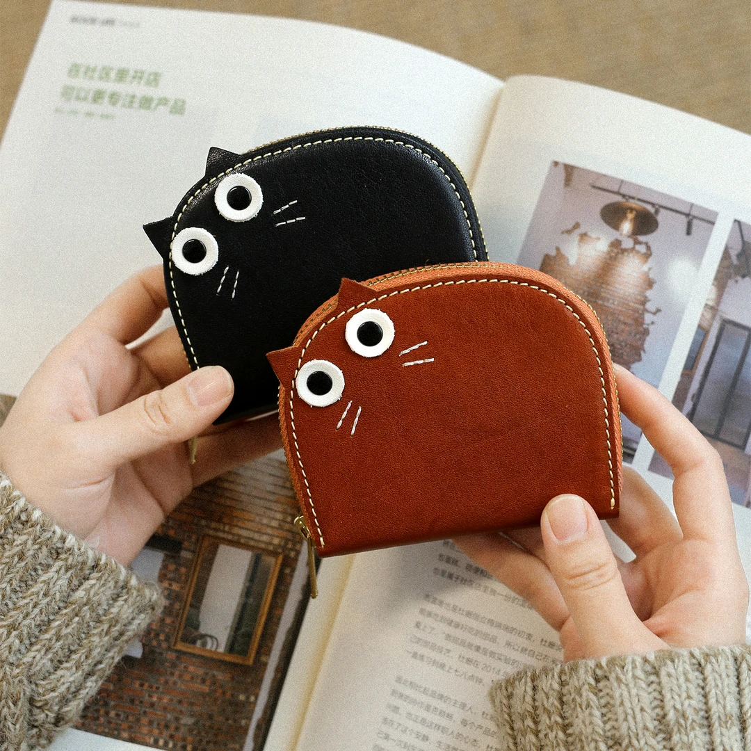 如柒头层植鞣牛皮卡通猫咪大容量银行卡多卡位卡包收纳包名片包