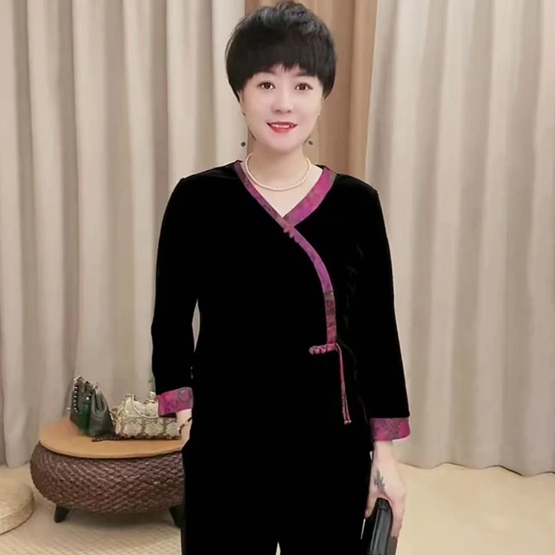 新中式气质小衫2025秋季新款大码妈妈洋气衬衫丝绒T恤国风上衣女