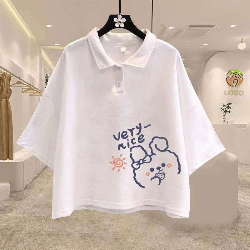 纯棉短袖t恤女欧若风学生上衣洋气短款白色翻领Polo衫夏季正肩ins