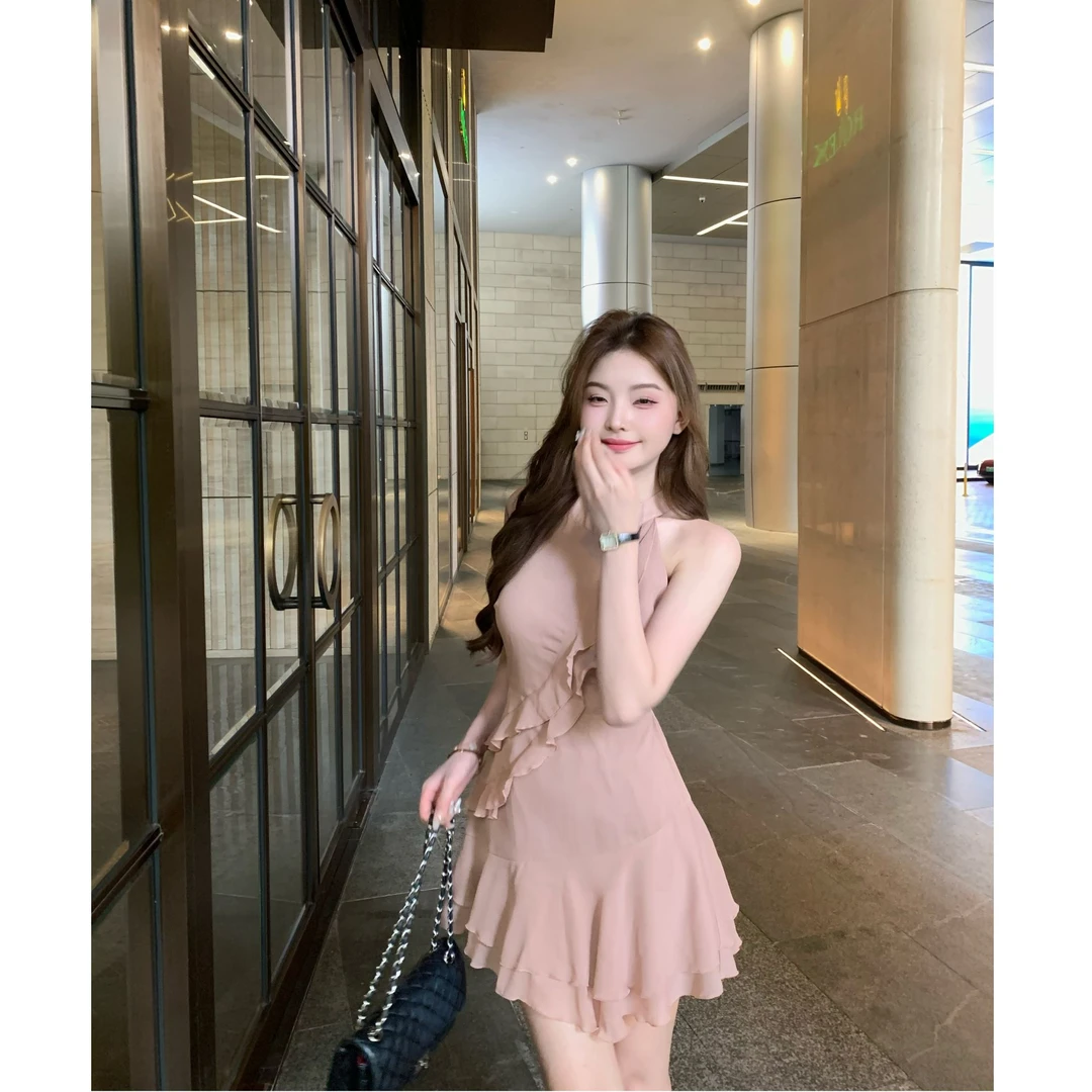 SZA【如梦生花】夏季新款度假风设计感无袖挂脖显瘦修身短裙A-2093