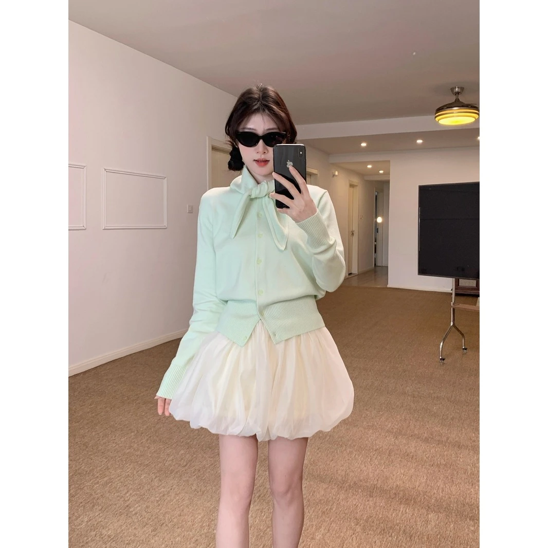 春季新款纯色简约小方巾针织开衫蓬蓬纱质娃娃短裙时尚两件套