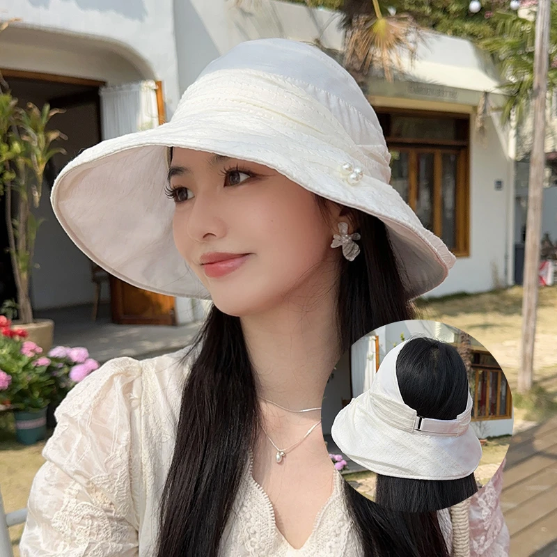可扎马尾气质空顶遮阳帽女夏季户外防紫外线防晒帽大帽檐太阳帽子