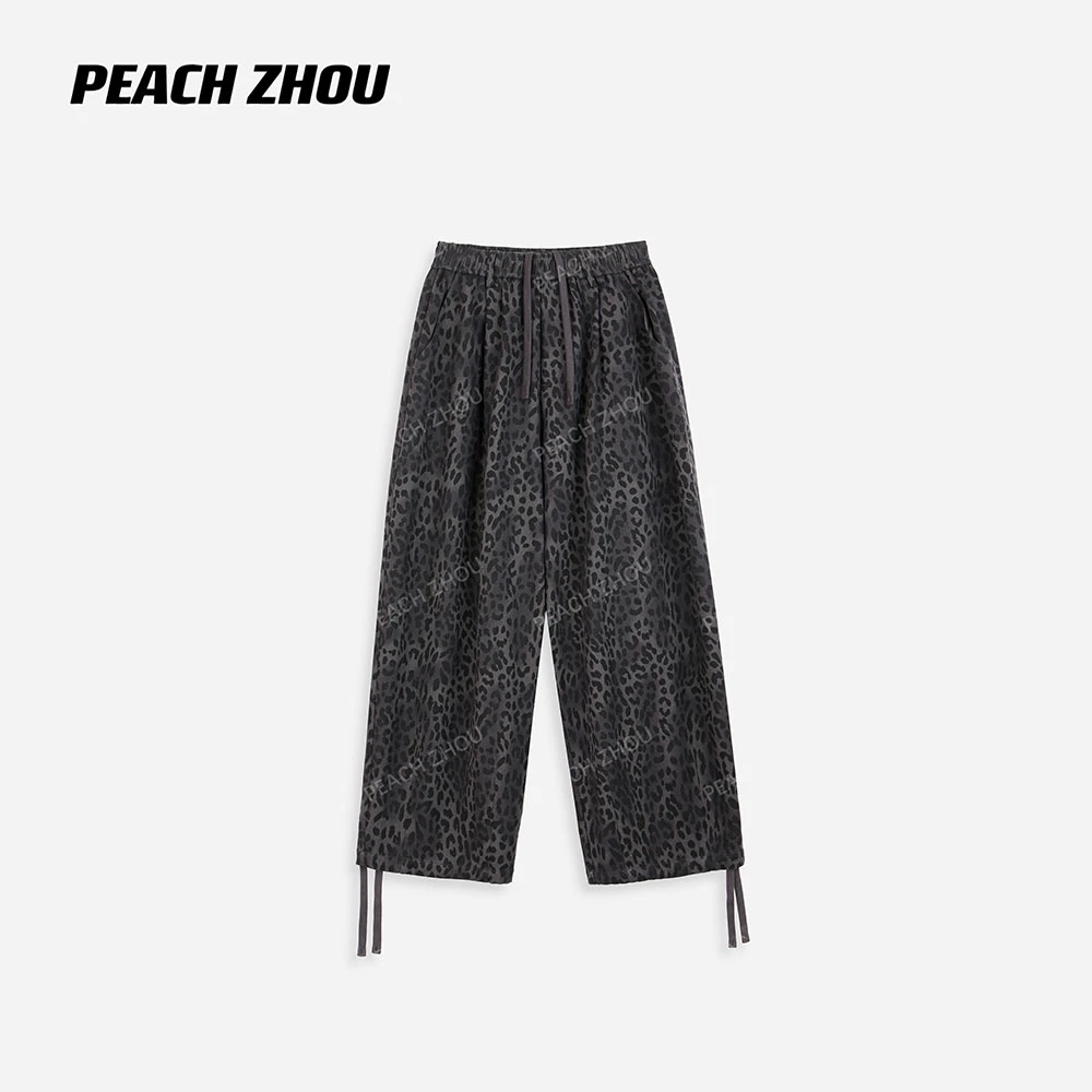 『PEACHZHOU』斜纹棉洗水做旧豹纹印花宽松休闲松紧腰复古阔腿长裤