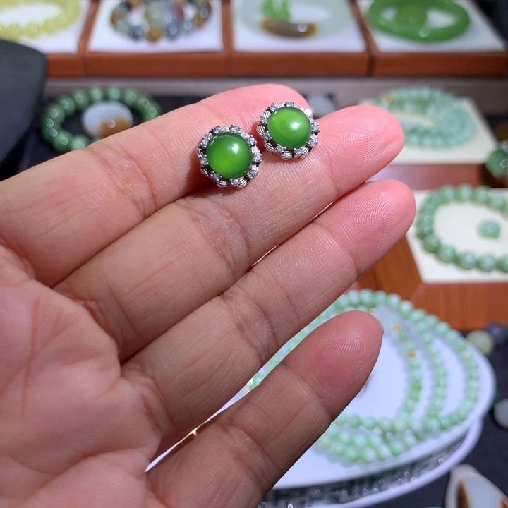 银S925镶嵌和田玉（碧玉）耳饰