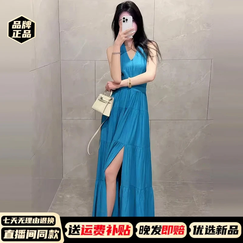 挂脖连衣裙2025夏季新款女装气质V领无袖收腰中长款开叉裙子3852