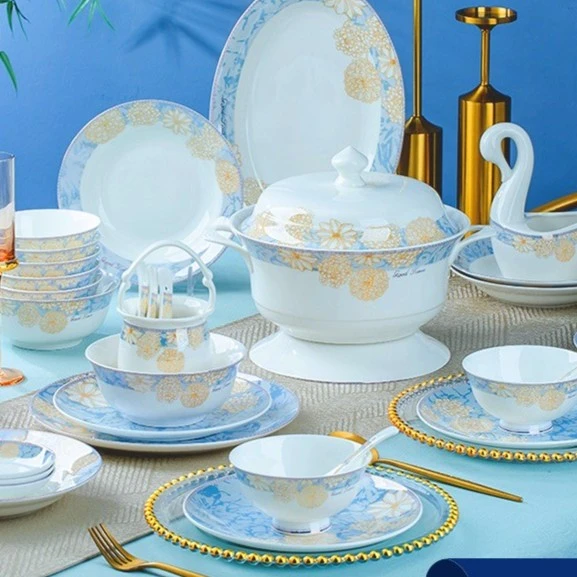 越绣堂碗碟套装家用现代轻奢景德镇陶瓷骨瓷餐具套装碗盘家用乔迁