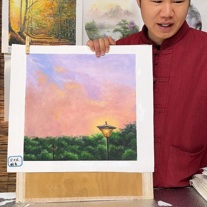 油画行路人小院绘画作品