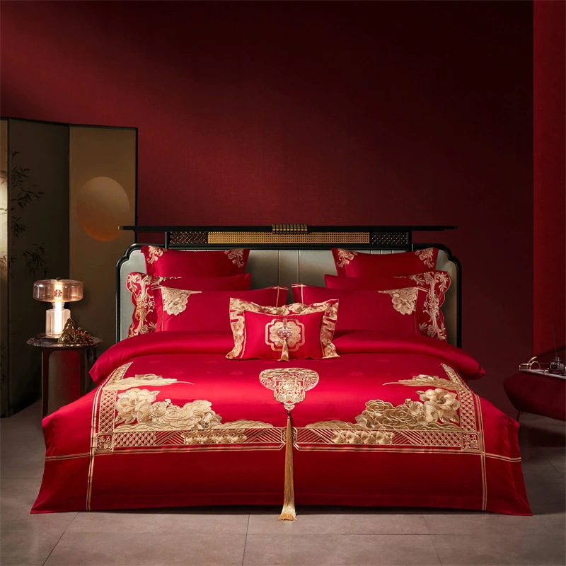 2025新款180S全棉长绒棉贡缎提花重工刺绣高端结婚婚庆套件被套