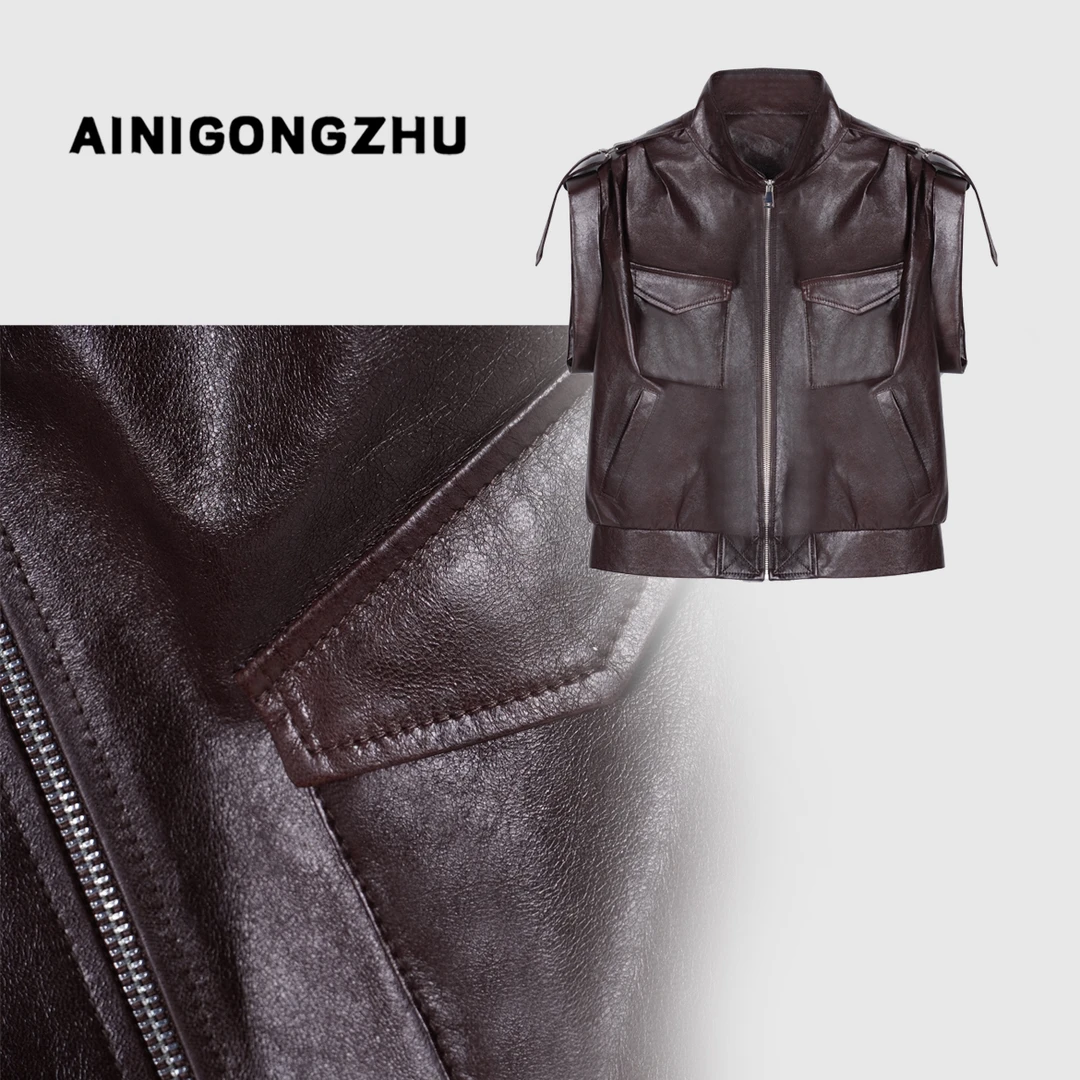 AN艾妮公主2025新款女装机车风街头时尚真皮绵羊皮皮衣马甲M2255