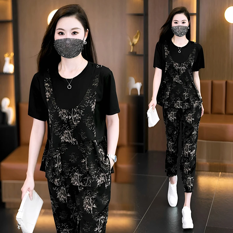 2025夏季新款时尚洋气休闲套装女宽松显瘦韩版碎花短袖假两件套装