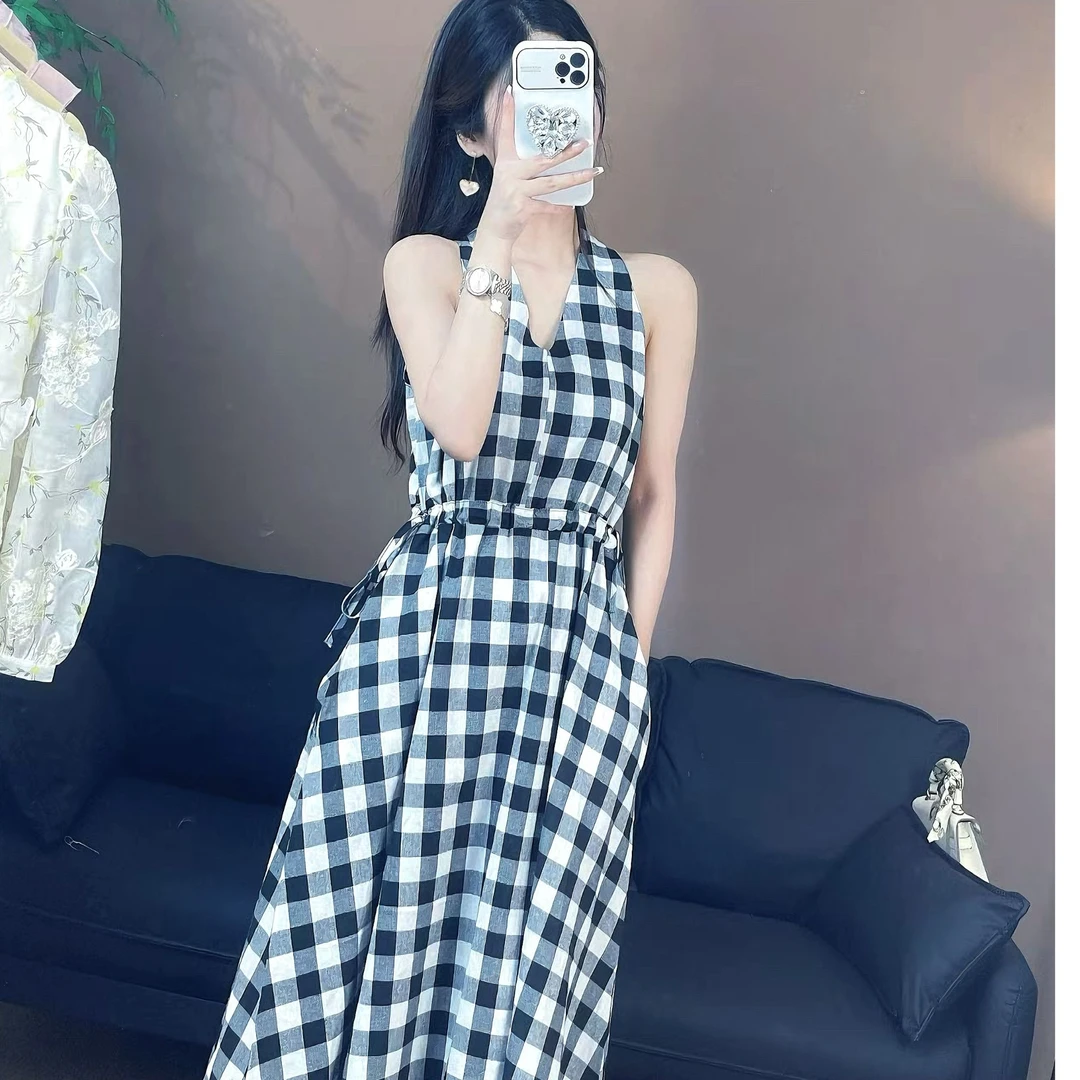 【RUAN ONE ONE】| 格纹情书 宽松格子V领 高腰显瘦气质连衣裙夏季