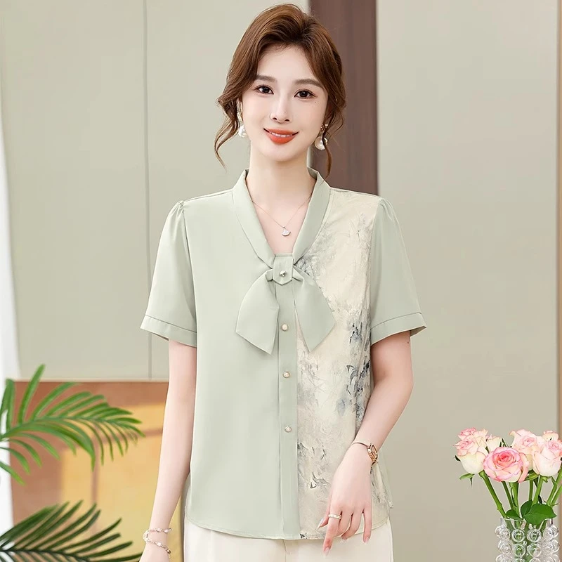 妈妈装印花短袖雪纺衬衫夏装新款洋气高贵小衫气质中老年上衣套装