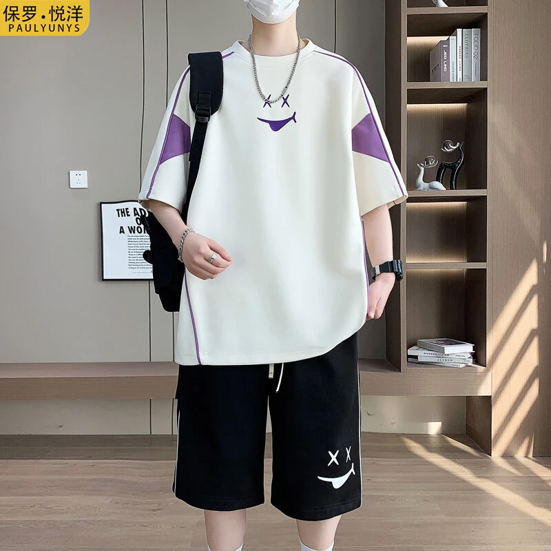 男士夏季2025新款宽松学生休闲运动时尚青少年短袖T恤短裤套装