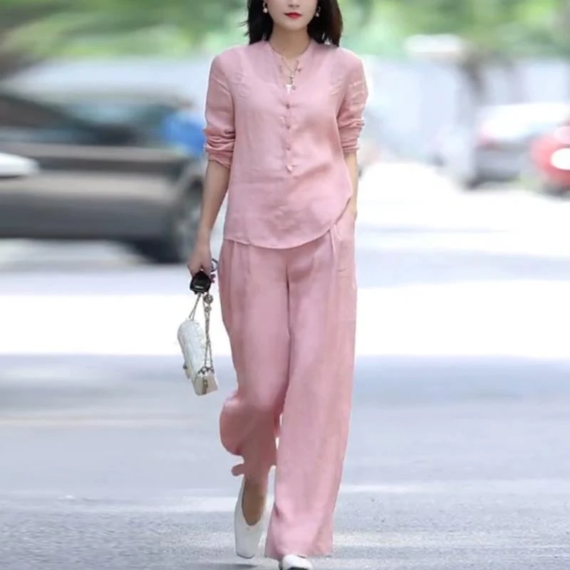 亚麻女高端棉麻套装2025新款妈妈时尚粉色女装时髦洋气苎麻两件套