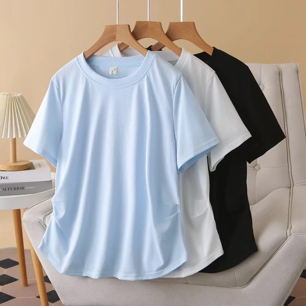 大码胖mm简约风百搭纯色收腰显瘦短袖T恤女夏季新款上衣正肩遮肉
