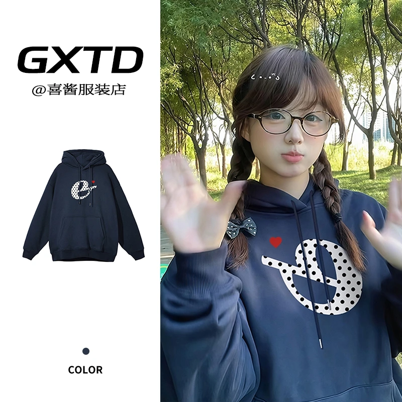 美式复古波点连帽卫衣女秋冬季新款休闲百搭显瘦情侣宽松上衣潮