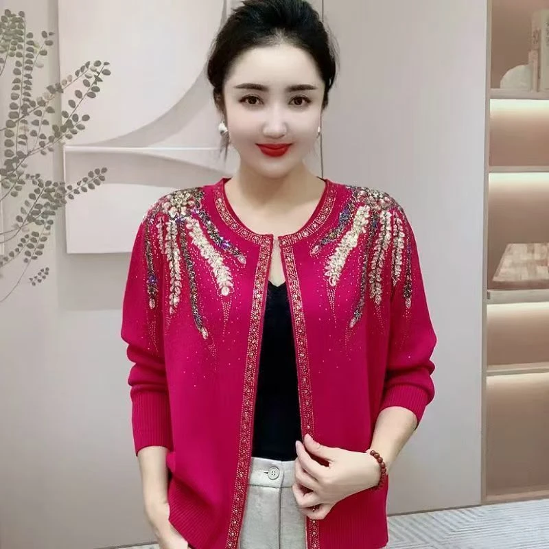 春秋季新款中老年妈妈装针织开衫重工烫钻手工穿珠时尚百搭外套女