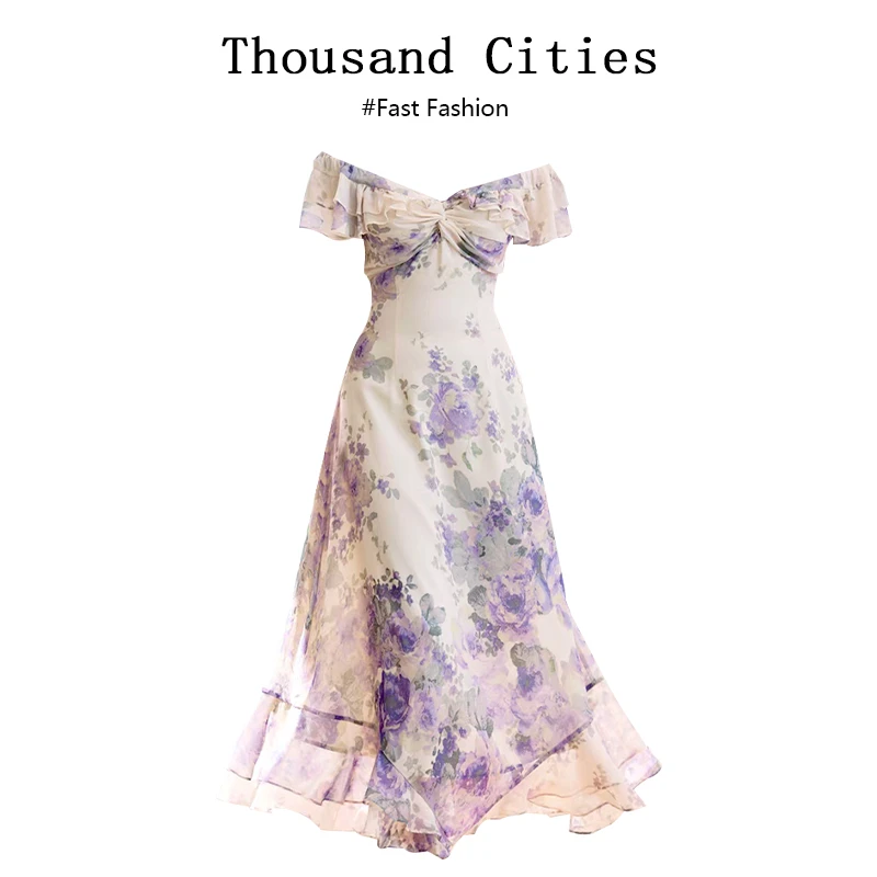 法式海边度假荷叶边一字肩碎花连衣裙女夏收腰a字雪纺约会长裙子