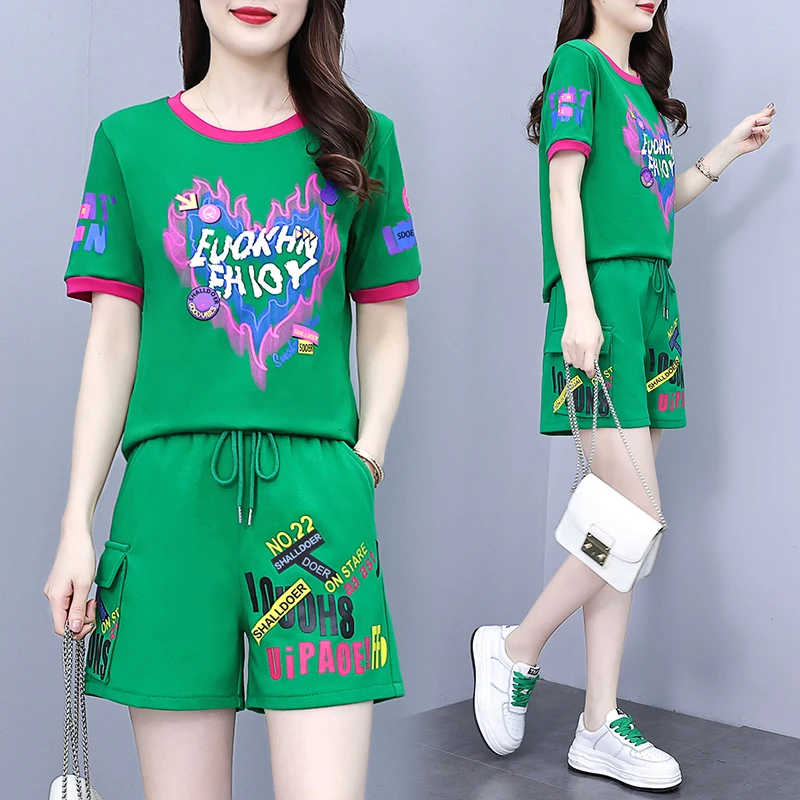 休闲简约2025夏季新款大码宽松显瘦百搭减龄字母印花运动款套装女