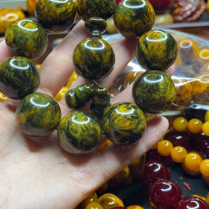 紫***晶琥珀木雷击木琥珀木水墨花手串