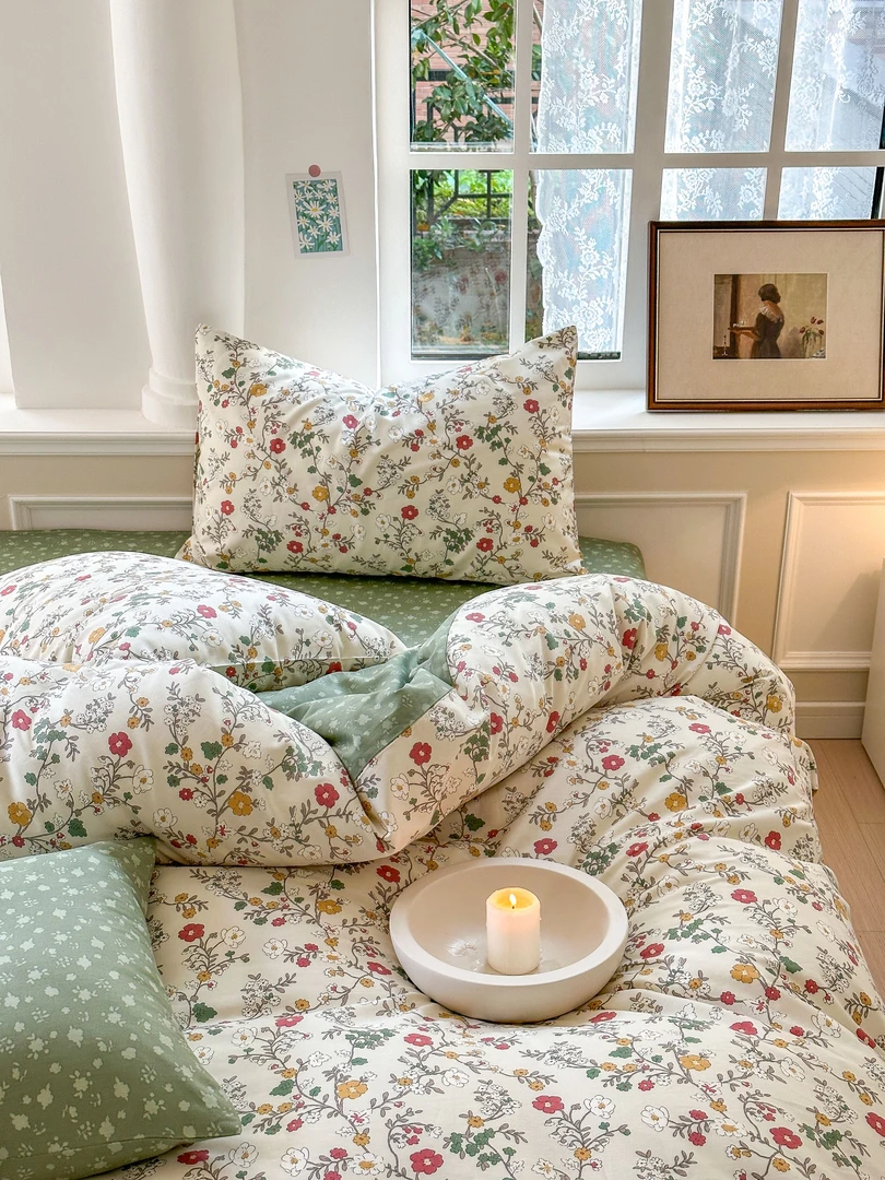 100%以上夏季蓄热保暖床品套件棉被套田园风花边小清新印花小碎花