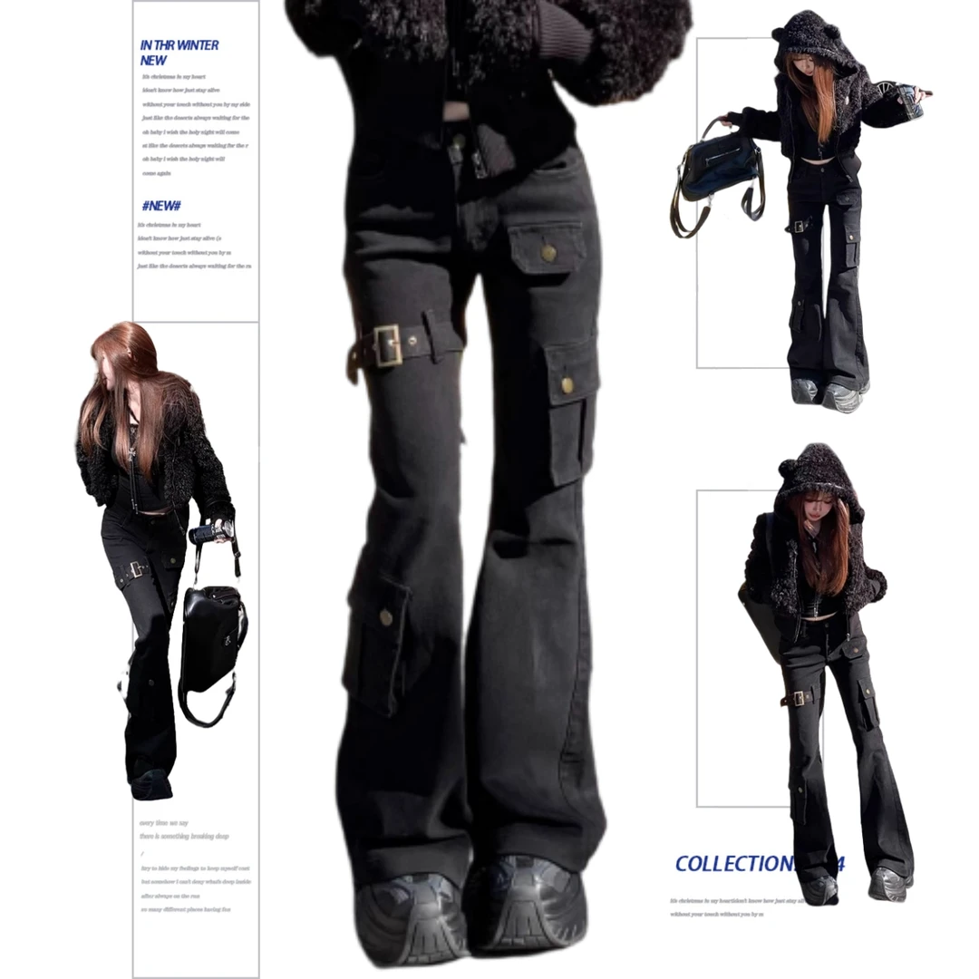 黑色辣妹修身工装微喇牛仔裤女2025春秋新款多口袋马蹄裤喇叭裤子