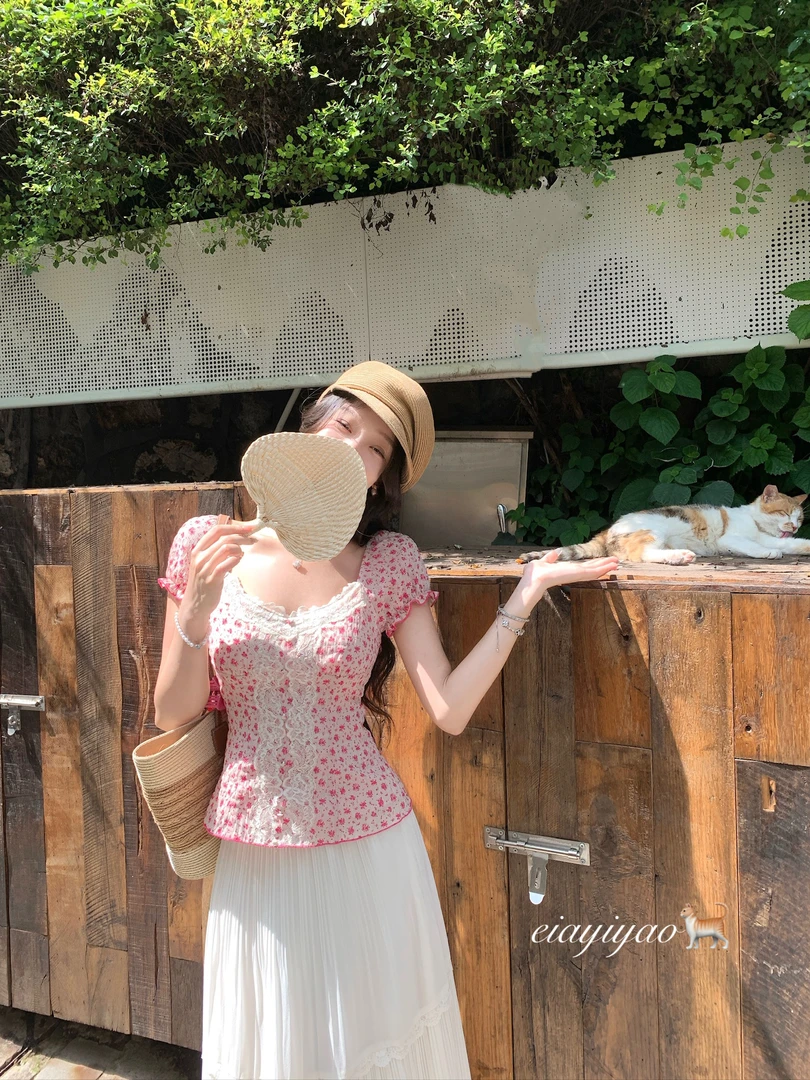 EIA一尧【古着甜心】夏日气质蕾丝碎花显白t恤上衣显瘦ins短袖上衣