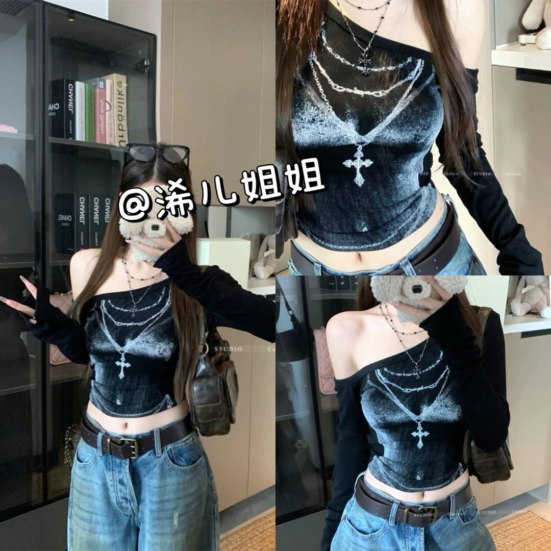 （浠儿姐姐）纯欲风修身紧长袖T恤女秋季斜肩性感辣妹短款上衣